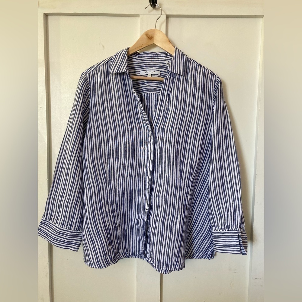 Foxcroft NYC 100% linen blue white striped button down shirt blouse size 14